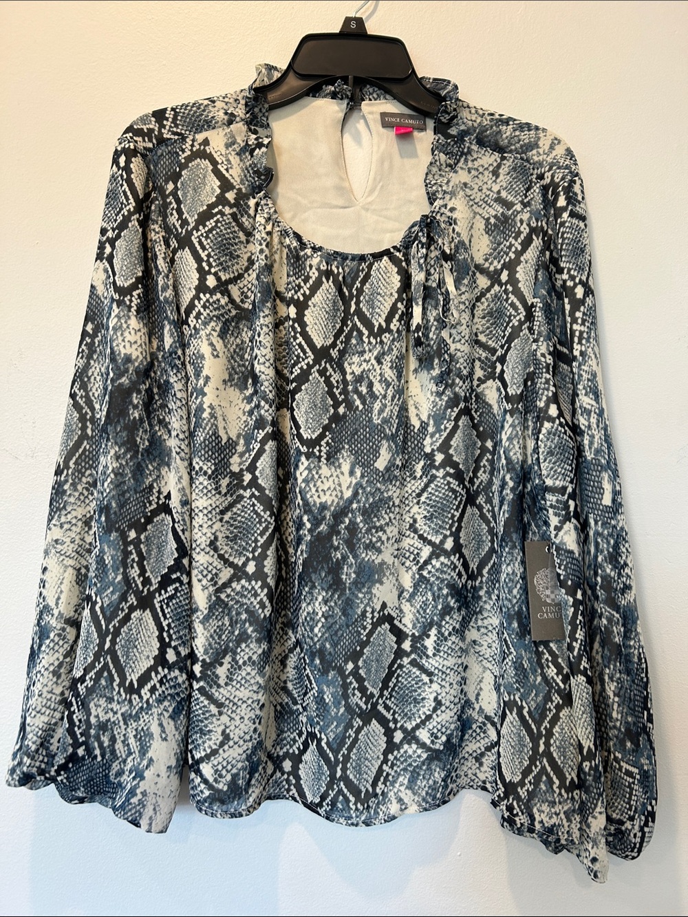 Vince Camuto Blue and White Snake-Print Tie-Neck Blouse